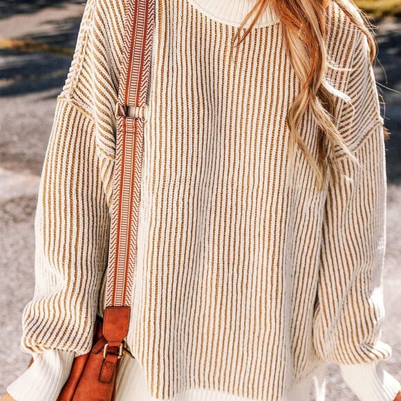 Casual Women's Striped Colorblock Loose Fit Round Neck Pullover Sweater top - Picture 3 of 8